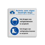 Veiligheidsbord met veiligheidsinstructies | Veiligheidshelm en schoenen zijn verplicht
