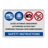 Veiligheidsbord 3 talig met 4 pictogrammen, eigen tekst en SAFETY INSTRUCTIONS