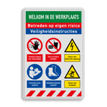 Veiligheidsbord voor werkplaats met veiligheidsinstructies en 6 pictogrammen