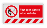 Verbodsbord P003 met tekst Vuur, open vlam en roken verboden