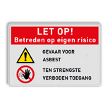 Veiligheidsbord Gevaar voor asbest, betreden op eigen risico