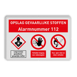 Veiligheidsbord voor opslag gevaarlijke stoffen met alarmnummer en 3 pictogrammen