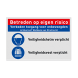Bouwplaatsbord met 2 PBM pictogrammen, Veiligheidshelm en vest verplicht