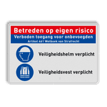 Bouwplaatsbord met 2 PBM pictogrammen, Veiligheidshelm en vest verplicht