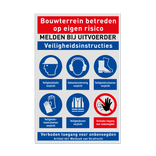 Bouwplaatsbord met PBM veiligheidsinstructies en 6 pictogrammen
