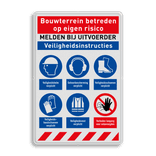 Bouwplaatsbord met PBM veiligheidsinstructies en 6 pictogrammen