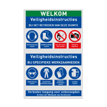 Veiligheidsbord voor werkplaats met PBM veiligheidsinstructies en 8 pictogrammen