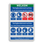 Veiligheidsbord voor werkplaats met PBM veiligheidsinstructies en 8 pictogrammen