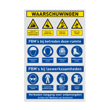 Veiligheidsbord voor werkplaats met PBM veiligheidsinstructies en 12 pictogrammen