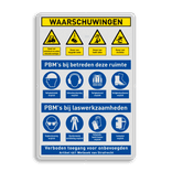 Veiligheidsbord voor werkplaats met PBM veiligheidsinstructies en 12 pictogrammen