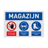 Veiligheidsbord voor magazijn met veiligheidsbril en schoenen verplicht