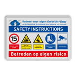 Veiligheidsbord met SAFETY INSTRUCTIONS en bedrijfslogo