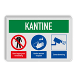 Veiligheidsbord voor kantine met pictogram werkkleding verboden, handen wassen verplicht