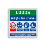 Veiligheidsbord voor loods met veiligheidsinstructies en PBM pictogrammen