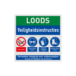 Veiligheidsbord voor loods met veiligheidsinstructies en PBM pictogrammen