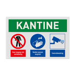 Veiligheidsbord voor kantine met pictogram werkkleding verboden, handen wassen verplicht