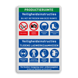 Veiligheidsbord voor productieafdeling met veiligheidsinstructies en 8 PBM pictogrammen