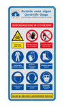Veiligheidsbord voor bodemsanering in uitvoering met 9 PBM pictogrammen