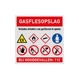 Veiligheidsbord gasfles opslag met tekst en symbolen - reflecterend
