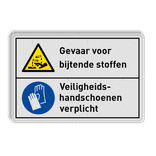 Veiligheidsbord gevaar voor bijtende stoffen en veiligheidshandschoenen verplicht