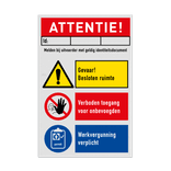 Veiligheidsbord Waarschuwing besloten ruimte, verboden toegang en werkvergunning verplicht