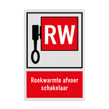 Bord met pictogram en tekst Locatie Rook-/warmteafvoer schakelaar
