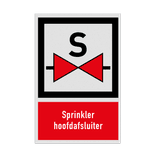 Bord met pictogram en tekst Sprinkler hoofdafsluiter