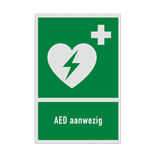 Reddingsbord met pictogram en tekst AED aanwezig