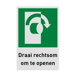 Nooduitgangbord met pictogram en tekst Draai rechtsom om te openen