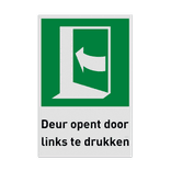 Nooduitgangbord met pictogram en tekst Deur opent door links te drukken