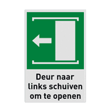 Nooduitgangbord met pictogram en tekst Deur naar links schuiven om te openen