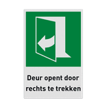 Nooduitgangbord met pictogram en tekst Deur opent door rechts te trekken