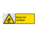 Veiligheidsbord met pictogram en tekst Gevaar voor struikelen