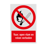 Verbodsbord met pictogram en tekst vuur, open vlam en roken verboden - reflecterend