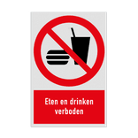 Verbodsbord met pictogram en tekst Eten en drinken verboden