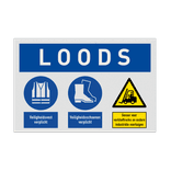 Veiligheidsbord voor loods met veiligheidsvest en schoenen verplicht, waarschuwing vorkheftrucks