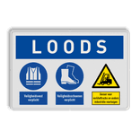 Veiligheidsbord voor loods met veiligheidsvest en schoenen verplicht, waarschuwing vorkheftrucks