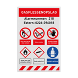 Veiligheidsbord Gasflessenopslag met diverse veiligheidspictogrammen
