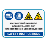 Veiligheidsbord 3 talig met 4 pictogrammen, eigen tekst en SAFETY INSTRUCTIONS