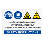 Panneau de sécurité trilingue avec 4 pictogrammes, votre texte et SAFETY INSTRUCTION