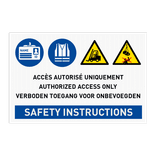 Veiligheidsbord 3 talig met 4 pictogrammen, eigen tekst en SAFETY INSTRUCTIONS