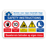 Veiligheidsbord met SAFETY INSTRUCTIONS en bedrijfslogo