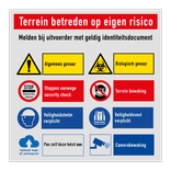 Veiligheidsbord voor terrein betreden op eigen risico en met 8 pictogrammen