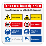 Veiligheidsbord voor terrein betreden op eigen risico en met 8 pictogrammen