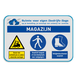 Veiligheidsbord voor magazijn met 3 pictogrammen + logo