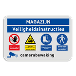 Veiligheidsbord voor magazijn met pictogrammen en camerabewaking