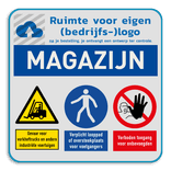 Veiligheidsbord voor magazijn met 3 pictogrammen + banner en logo
