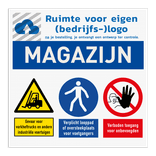 Veiligheidsbord voor magazijn met 3 pictogrammen + banner en logo