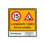 Verkeersbord langzaam rijden wegwerkzaamheden - reflecterend + logo