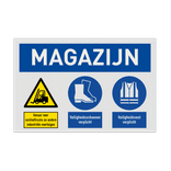 Veiligheidsbord voor magazijn met pictogram veiligheidsvest en schoenen verplicht